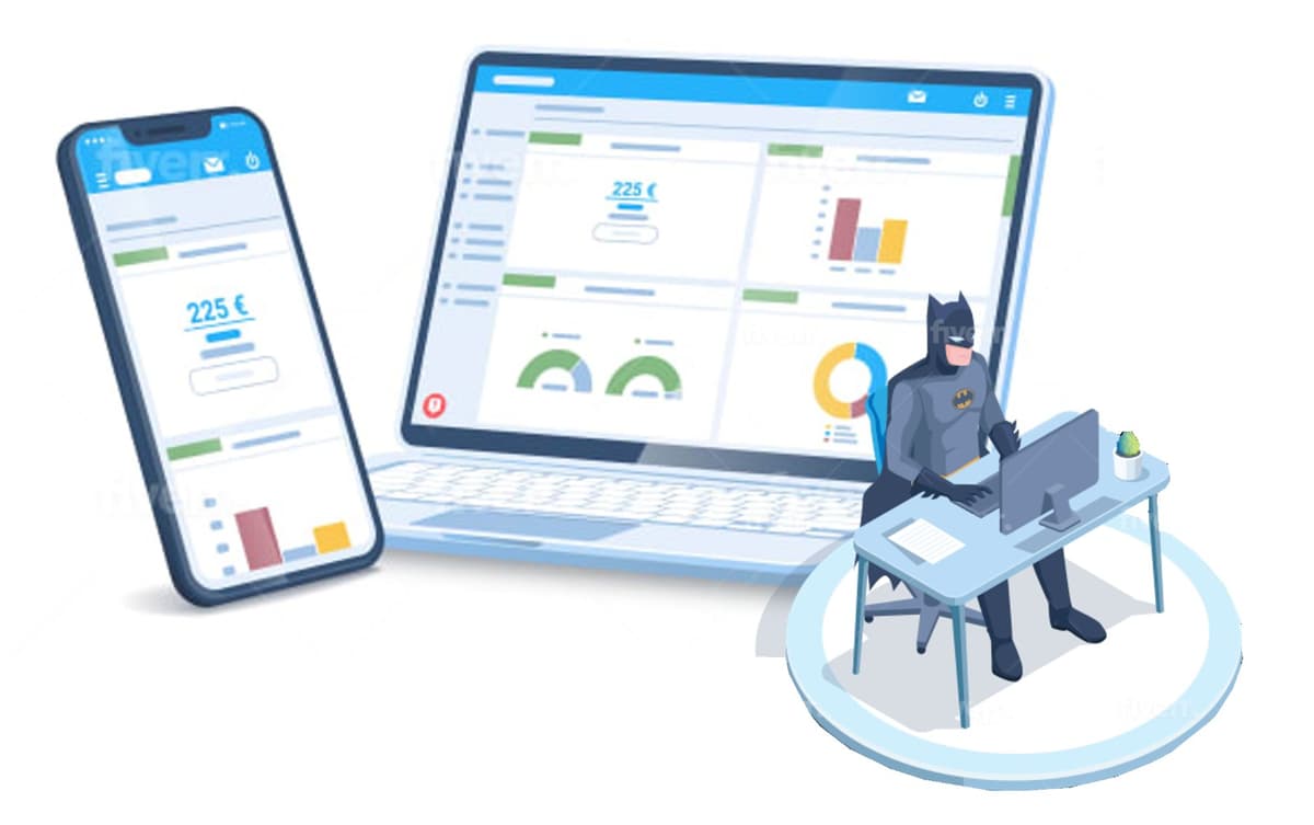 Superhero using analytics dashboard - representing powerful business intelligence capabilities